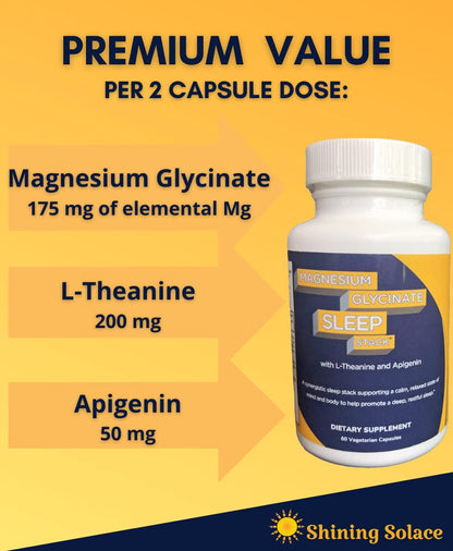 Shining Solace Magnesium Glycinate Sleep Stack with 200 mg L-Theanine, 50 mg Apigenin, 175 mg of Elemental Magnesium Glycinate | Sleep Support Magnesium Supplement | Made in USA Shining SolaceBuy Supplements Australia