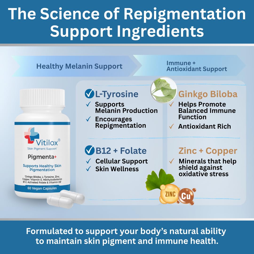 Vitilox Pigmenta+ Advanced, Skin Tone Support Supplement – 60 Tablets | 2 Months | Natural Vitiligo Skin Pigmentation Support | Reduce White Body Spots VitiloxBuy Supplements Australia