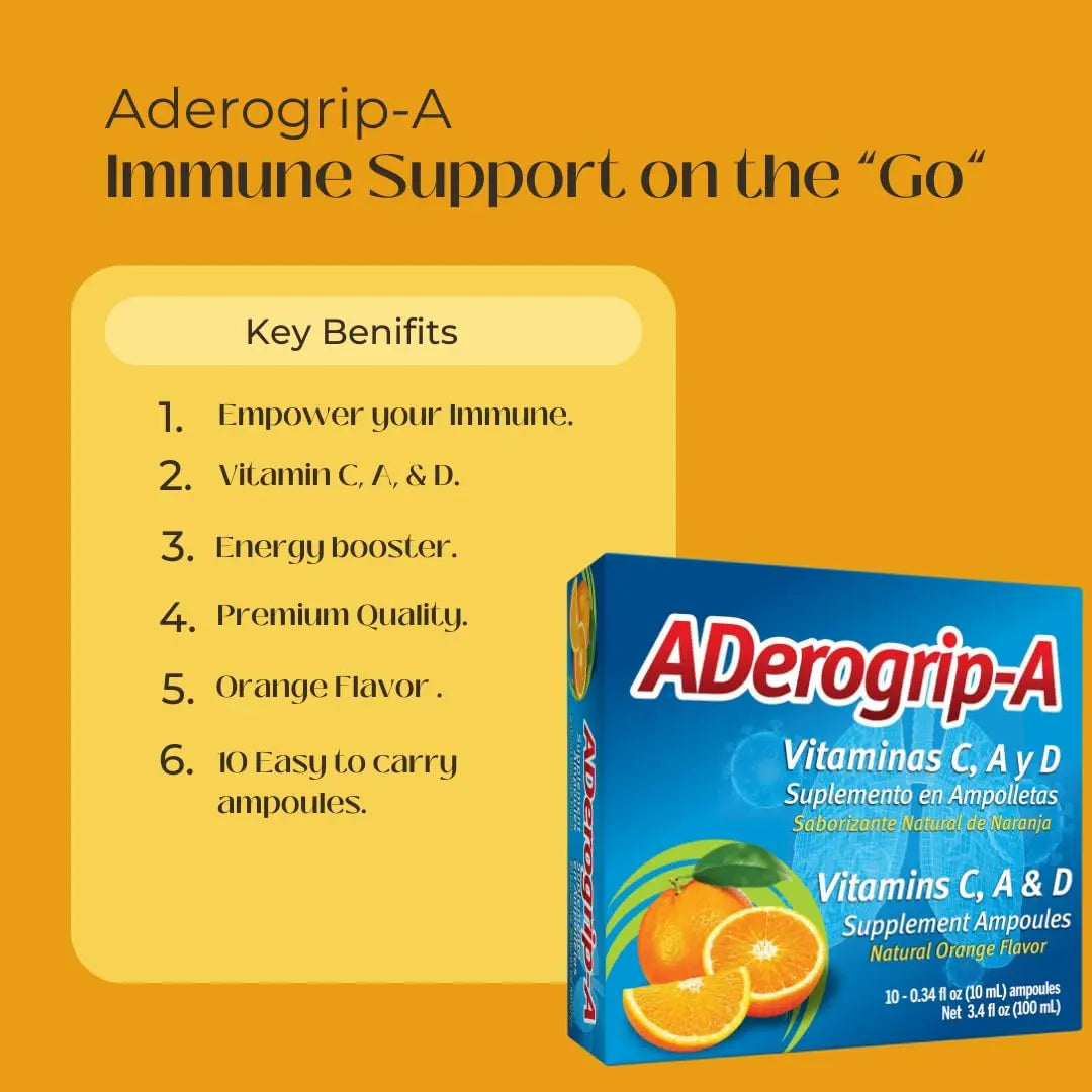Aderogripa Immune Support Vitamins C, A & D | Liquid Supplement | 10 Natural Orange Flavor Ampoules | Boost Your Immune System ADEROGRIP-A