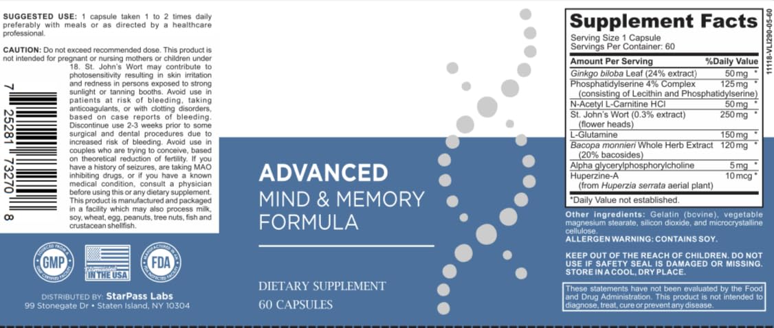StarPass Labs Advanced Memory Formula Extreme Brain Booster, Brain Supplement for Memory, Focus and Mental Performance, Memory Vitamins for Better Brain Health 180 Capsules (3 Pack) StarPass LabsBuy Supplements Australia