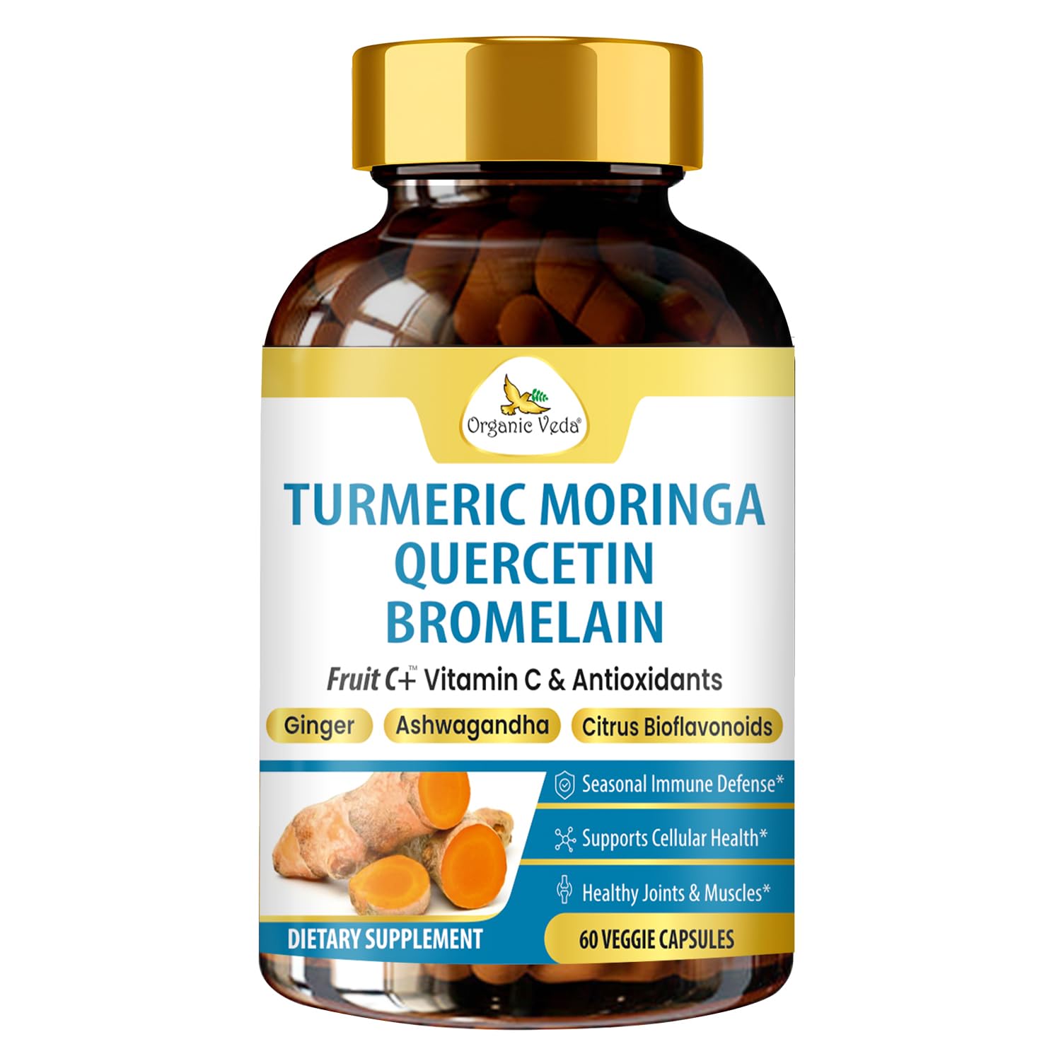 Organic Veda Turmeric Moringa Quercetin with Bromelain Capsules - Fruit C+ Vitamin C Antioxidants Immune System & Respiratory Supplement - Ashwagandha, Ginger, Citrus Bioflavonoids, 60 Vegan Capsule Organic VedaBuy Supplements Australia
