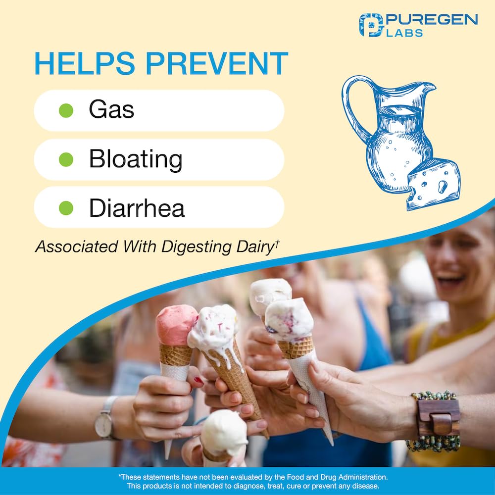 Puregen Labs Dairy Relief Natural Fast Acting Lactase Enzyme 3000 FCC, Lactose Intoleran P Puregen LabsBuy Supplements Australia