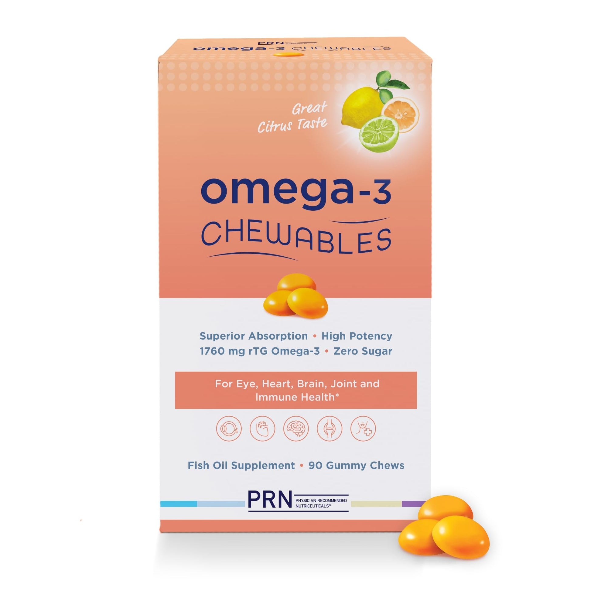 Omega 3 Gummy Chewables - 90 Gel Chews, 30-Day Supply, Citrus Flavor - 1760mg Ultra-Pure rTG Omega 3 for Eye, Heart, Brain, Joint & Immune Health PRN Physician Recommended NutriceuticalsBuy Supplements Australia