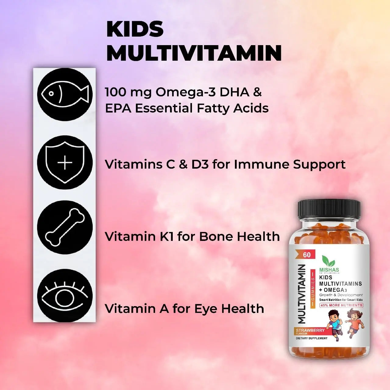 Mishas Nutraceuticals Kids Multivitamin Gummies with Omega 3 Fish Oil (EPA/DHA), Vitamin D3, C, B12, B6, Vitamin A, K & Zinc Immune Support MishasBuy Supplements Australia