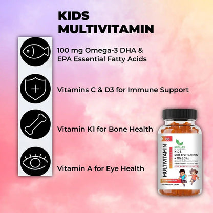 Mishas Nutraceuticals Kids Multivitamin Gummies with Omega 3 Fish Oil (EPA/DHA), Vitamin D3, C, B12, B6, Vitamin A, K & Zinc Immune Support MishasBuy Supplements Australia