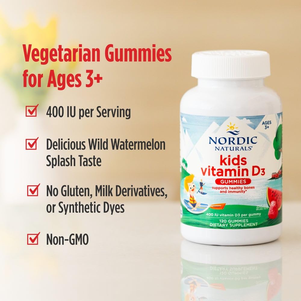 Nordic Naturals Vitamin D3 Gummies Kids, Wild Watermelon Splash - 120 Gummies - 400 IU Vitamin D3 - Bone Health, Healthy Immunity - Non-GMO, Vegetarian - 120 Servings Nordic NaturalsBuy Supplements Australia