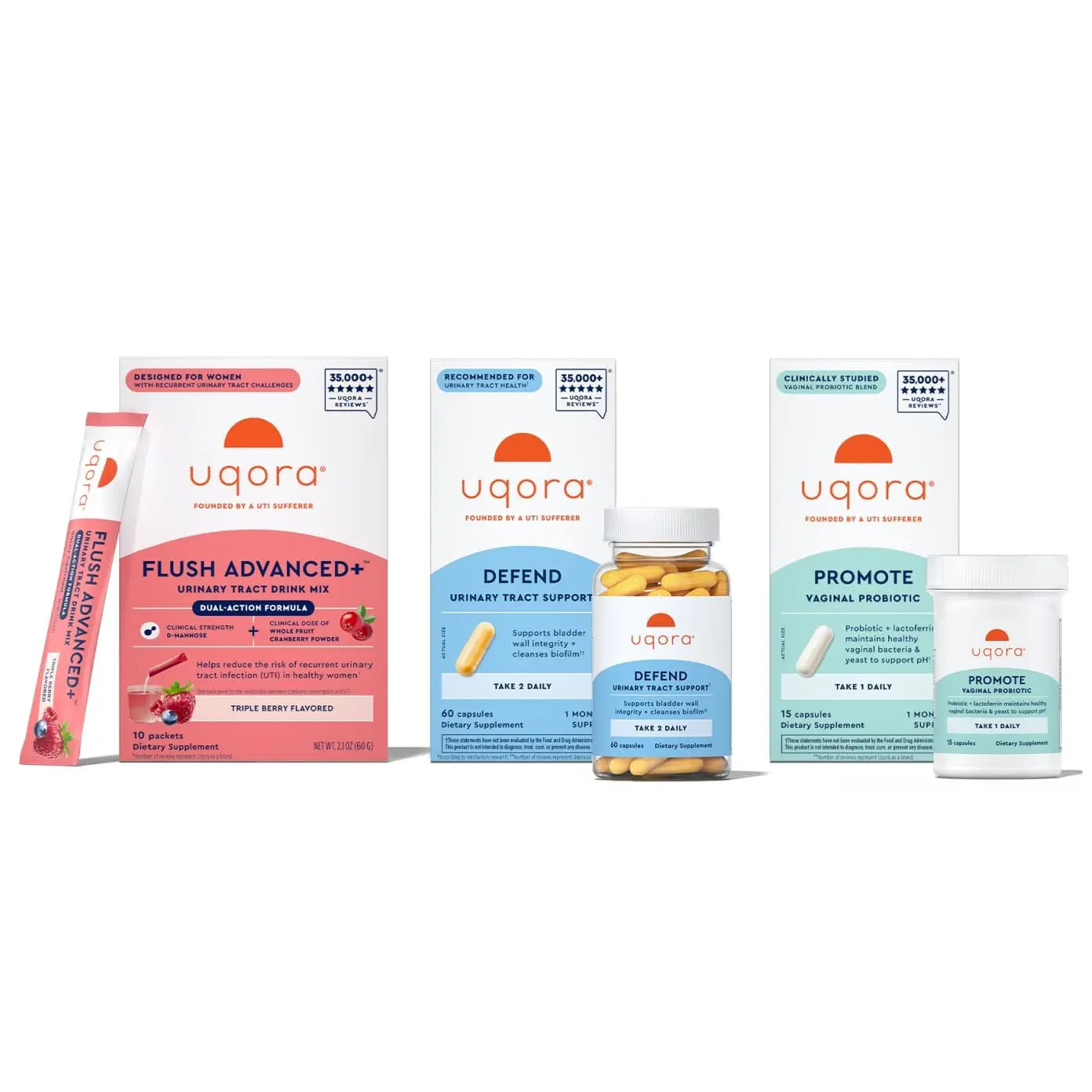 Uqora Flush Advanced+ Regimen with Flush Advanced+ - Cranberry to Reduce Risk of Recurrent UTI** - Defend & Promote - D-Mannose, Vitamin C, Green Tea Extract & Probiotics - 3-Part Bundle UqoraBuy Supplements Australia