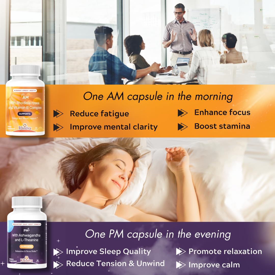 AM PM Multivitamin - Cortisol Supplements for Women and Men with L-Theanine, Ashwagandha - Rhodiola Rosea Supplement 200mg - Vitamin B Complex - Nootropics - Day and Night Vitamins for Women & Men RhozivaBuy Supplements Australia