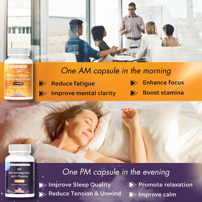 AM PM Multivitamin - Cortisol Supplements for Women and Men with L-Theanine, Ashwagandha - Rhodiola Rosea Supplement 200mg - Vitamin B Complex - Nootropics - Day and Night Vitamins for Women & Men RhozivaBuy Supplements Australia