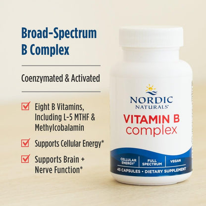 Nordic Naturals Vitamin B Complex - 45 Capsules Thiamine, Riboflavin, Niacin, B6 & B12, Folate, Biotin, Pantothenic Acid Heart Brain Health, Energy, Metabolism Non-GMO Servings Nordic NaturalsBuy Supplements Australia