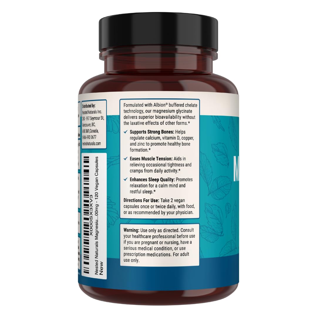Nested Naturals Magnesium Glycinate Chelate - 200mg Chelated Magnesium Supplement for Muscle Cramps, Relaxation, & Sleep Support - 100% Albion TRACCS Buffered