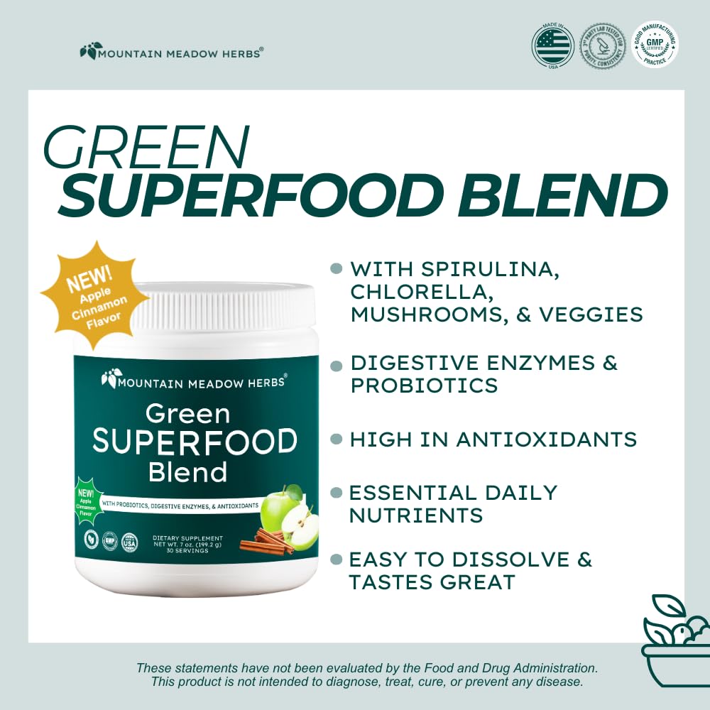 Mountain Meadow Herbs Green Superfood Blend – Spirulina, Chlorella, Mushrooms, Probiotics, Digestive Enzymes, Antioxidants – Organic Greens Powder for Energy & Gut Health – 30 Servings Mountain Meadow HerbsBuy Supplements Australia