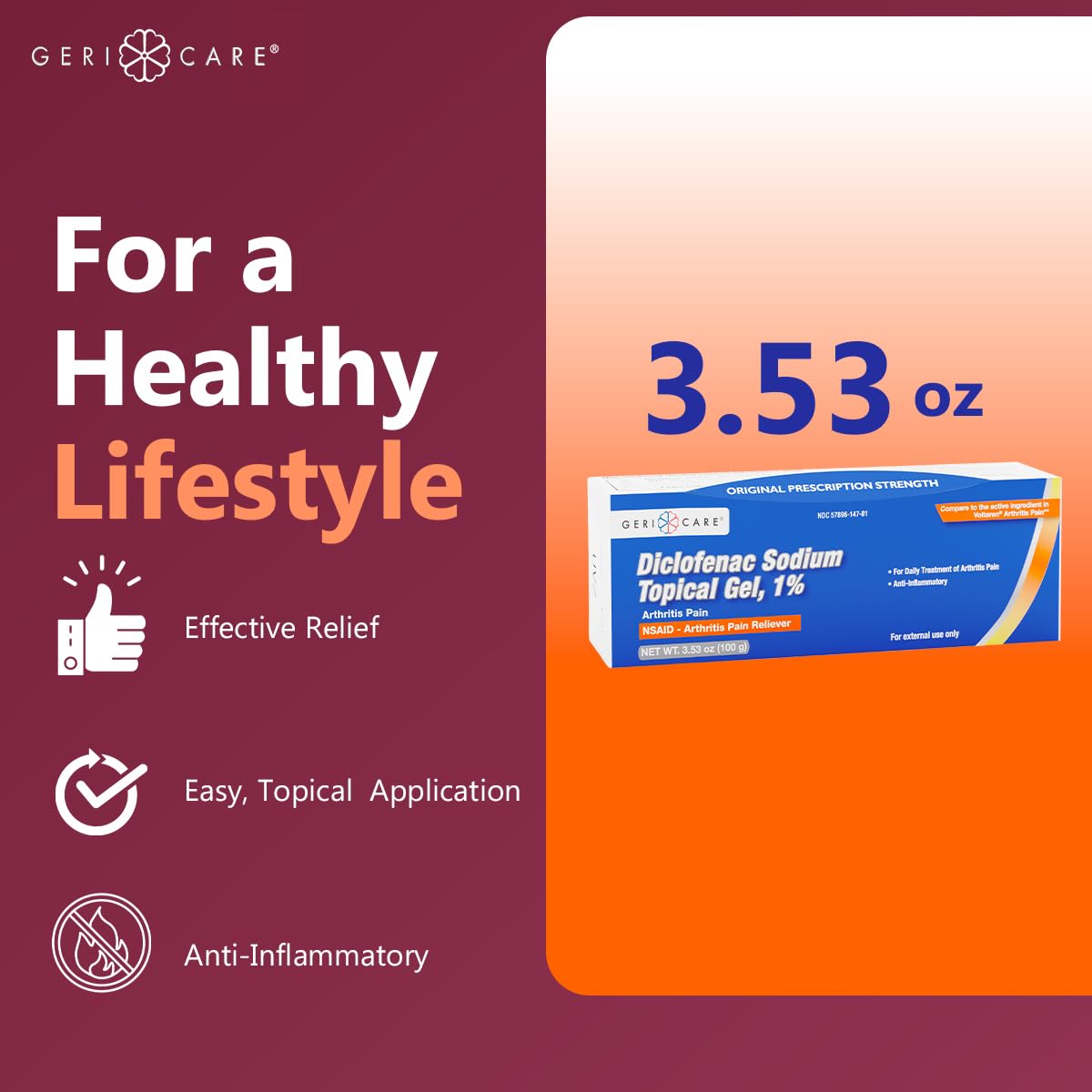 GeriCare Topical Arthritis Pain Relief Gel Diclofenac Sodium 1% (NSAID) Hand Wrist Elbow Foot Ankle Knee Extra-Strength Pain Reliever- Anti-inflammatory Arthritis Pain Treatment, 3.53oz (2 Pack) GeriCareBuy Supplements Australia