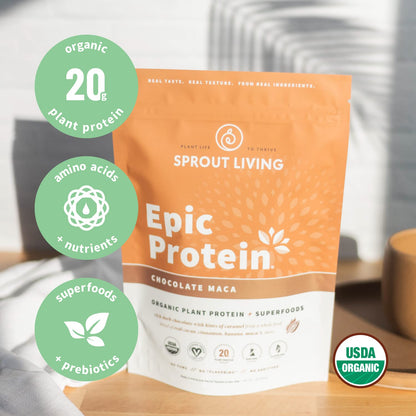 Sprout Living Epic Protein, Plant Based Protein & Superfoods Powder, Chocolate Maca Powder | 20 Grams Organic Protein Powder, Vegan, Non Dairy, Non-GMO, Gluten Free