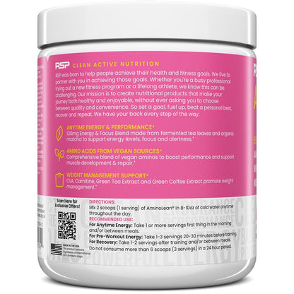 RSP NUTRITION AminoLean Pre Workout Powder, Amino Energy & Weight Management with Vegan BCAA Amino Acids, Natural Caffeine, Preworkout Boost for Men & Women, 30 Serv, Pink Lemonade…