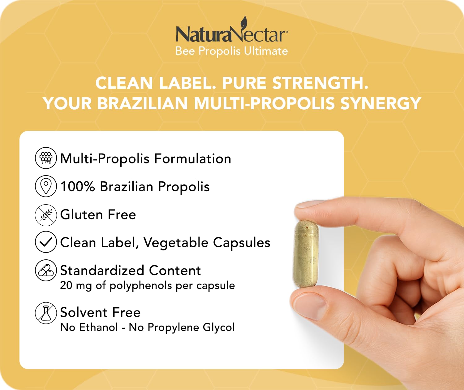 NaturaNectar - Ultimate Bee Propolis Capsules - NSF Contents Certified -Brazilian Red, Brown, & Green - Gluten-Free Supplement with Flavonoids - Naturally Sourced Through Ethical Beekeeping (60pcs.) NaturaNectarBuy Supplements Australia