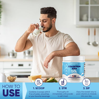 Vitamatic Bovine Colostrum Powder - 50% Highest IgG -120 Gram - Supplement for Gut Health, Hair Growth, Beauty, Muscle Recovery, & Immune Support - Easy to Mix - Unflavored - 60 Servings VitamaticBuy Supplements Australia