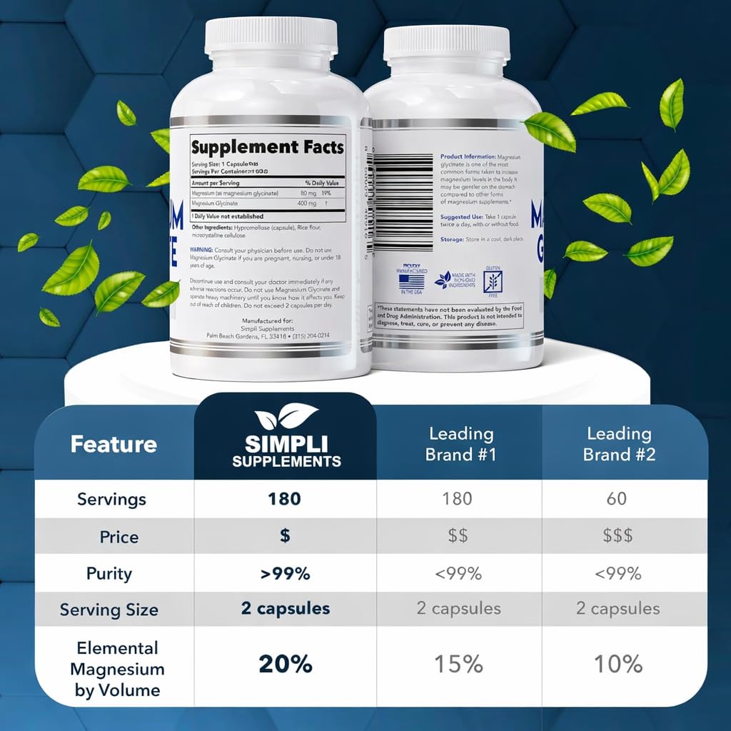 Magnesium Glycinate 400mg per Serving – High Absorption – Gentle on Stomach – Supports Sleep, Relaxation, Muscle, Bone & Immune Health – Non-GMO, Vegan, 180 Capsules Simpli SupplementsBuy Supplements Australia
