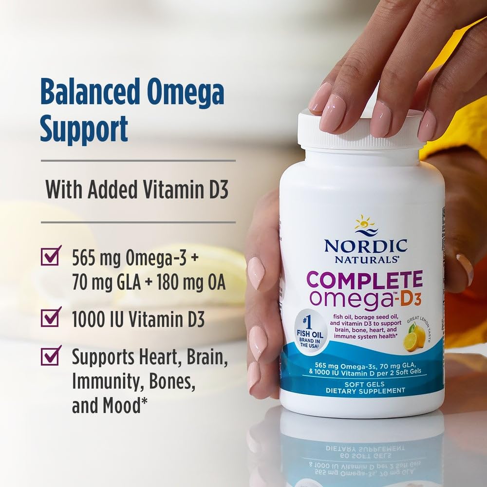 Nordic Naturals Complete Omega-D3, Lemon Flavor - 120 Soft Gels - 565 mg Omega-3 + 70 mg GLA + 1000 IU Vitamin D3 - EPA & DHA - Healthy Skin, Cognition, Positive Mood - Non-GMO - 60 Servings Nordic NaturalsBuy Supplements Australia