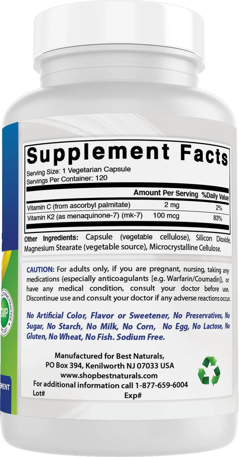 Best Naturals MK-7 Vitamin K2 100 mcg 120 Vcaps Best NaturalsBuy Supplements Australia