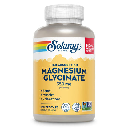 SOLARAY Magnesium Glycinate Capsules, Chelated Magnesium Bisglycinate w/BioPerine, Higher Absorption Magnesium Supplement - Bones, Muscles,