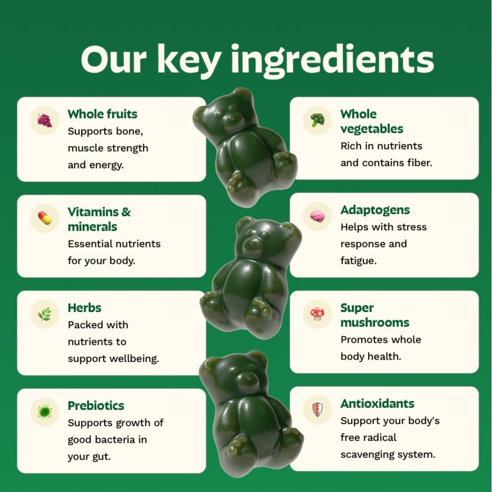 Gruns Sugar-Free Super Greens Gummies, Multivitamin Superfood Gummy Bears, Spirulina, Chlorella, Prebiotics & Fiber gummies for Digestive Health, Adaptogens Supplement, 20 Vitamins & Minerals, 10 pack GrünsBuy Supplements Australia