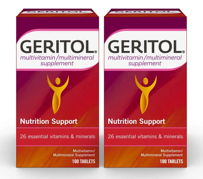 Geritol Multi-Vitamin Nutritional Support Tablets, Balance of 26 Essential Vitamins and Minerals, 100-Count Bottles (Pack of 2) Geritol