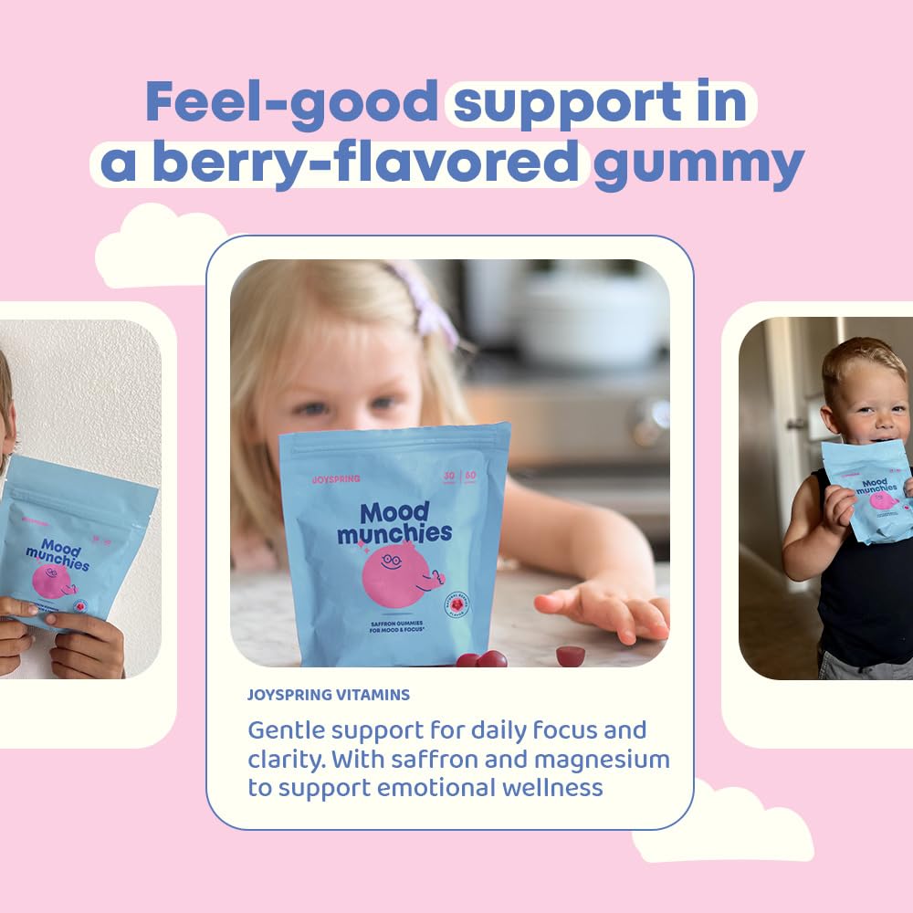 JoySpring Mood Munchies Saffron Gummies for Kids 4+ | Saffron Extract Supplement with GABA, Passion Flower & St Johns Wort | Sugar Free Vegan Brain Support