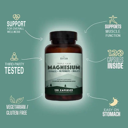 Natural Rhythm Triple Calm Magnesium Complex - 120 Capsules, Chelated Magnesium Glycinate, Taurate & Malate, High Absorption Supplement for Sleep, Stress, Muscle & Heart Support, Non-GMO, Vegan Natural RhythmBuy Supplements Australia
