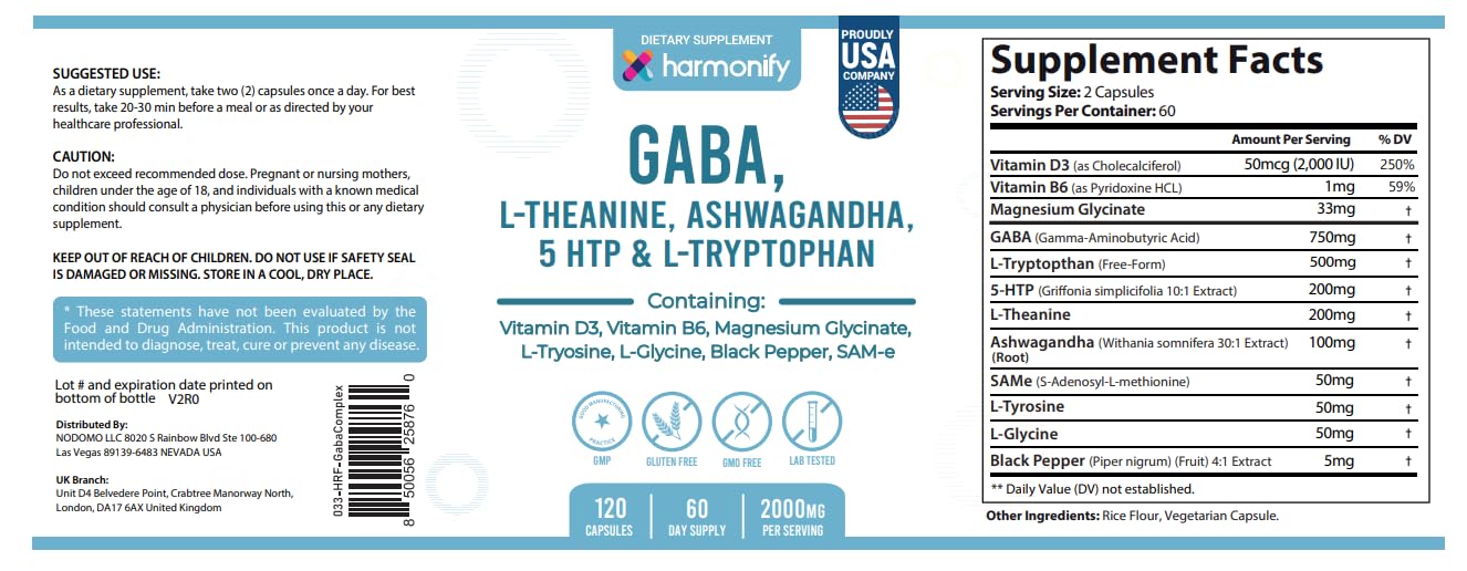 HARMONIFY GABA L-Theanine Supplements with Magnesium Glycinate, Ashwagandha, Same, 5-HTP and L-Tryptophan, 12 in 1 Supplements, 120 Capsules, 2000 mg HARMONIFYBuy Supplements Australia