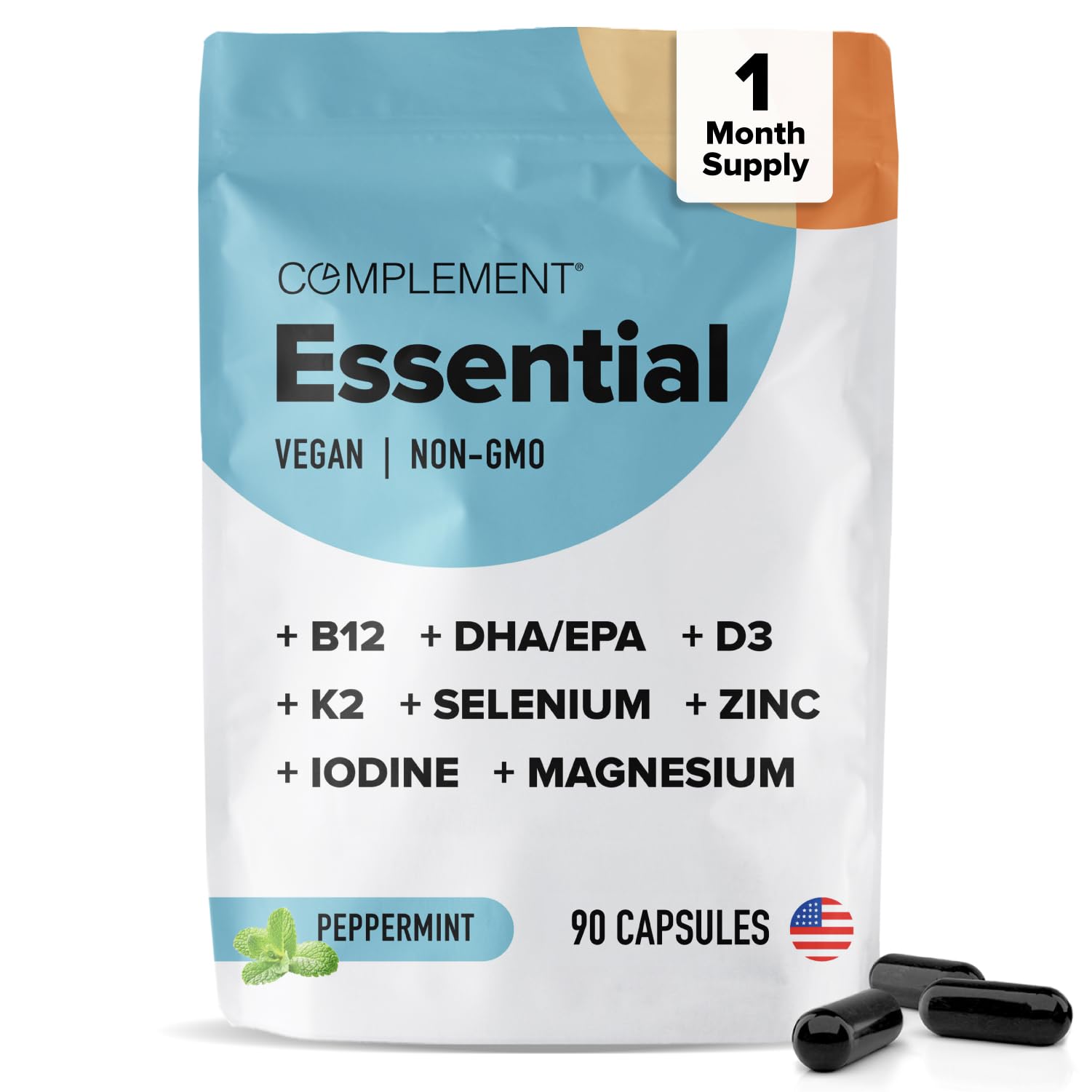 Complement Essential Vegan Multivitamin for Men & Women (30 Servings, 90 Capsules) with Omega-3 DHA & EPA, B12, Vitamin D3 & K2, Zinc, Selenium, Magnesium, Iodine - Supports Immunity & Overall Health ComplementBuy Supplements Australia