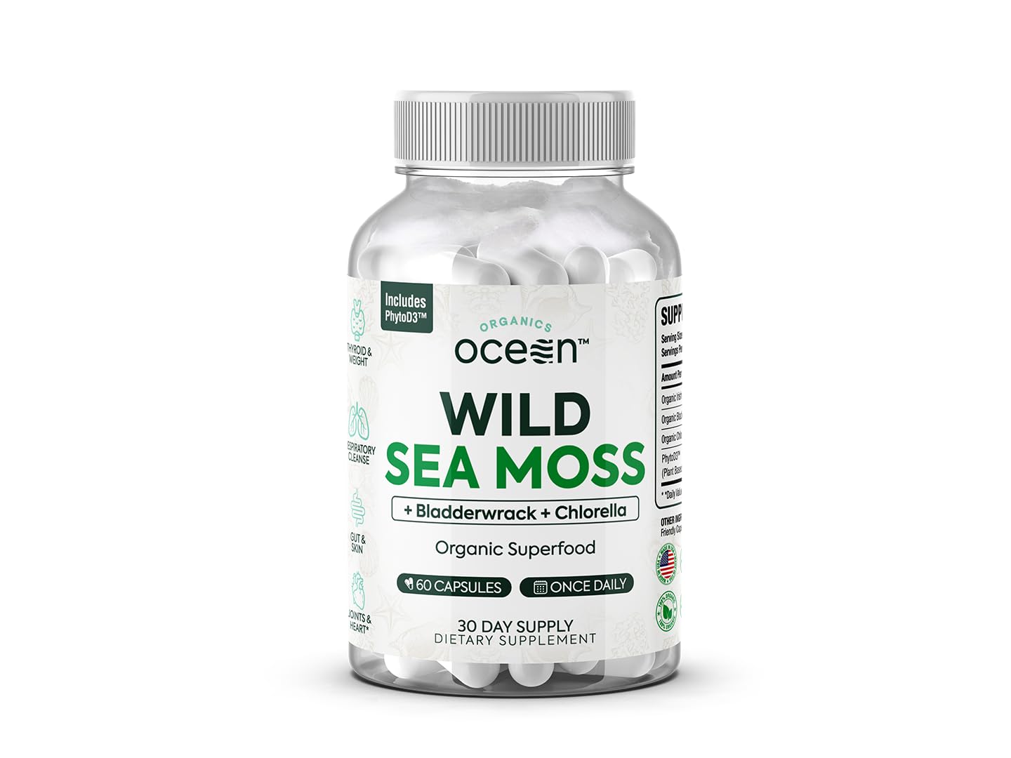 Organics Ocean Wild Sea Moss Capsules - 100% Organic Irish Sea Moss with Organic Chlorella, Bladderwrack and Vitamin D for Energy, Lung Health and Thyroid Support for Women and Men - 60 Capsules Organics OceanBuy Supplements Australia