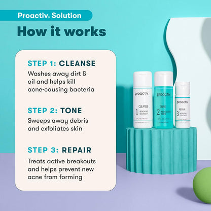 Proactiv 3 Step Acne Treatment - Benzoyl Peroxide Face Wash, Repairing Acne Spot Treatment for Face and Body
