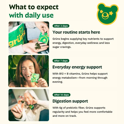 Gruns Adults Super Greens Multivitamin Gummies, Superfood Vitamin Gummy Bears with Spirulina, Chlorella, Prebiotic Fiber for Digestive Health GrünsBuy Supplements Australia