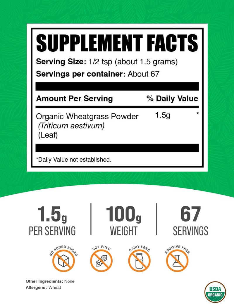 BulkSupplements.com Organic Wheatgrass Powder - Organic Super Greens Powder, Superfoods Supplement - Vegan & Gluten Free, 1.5g per Serving, 100g (3.5 oz) (Pack of 1) BulkSupplementsBuy Supplements Australia