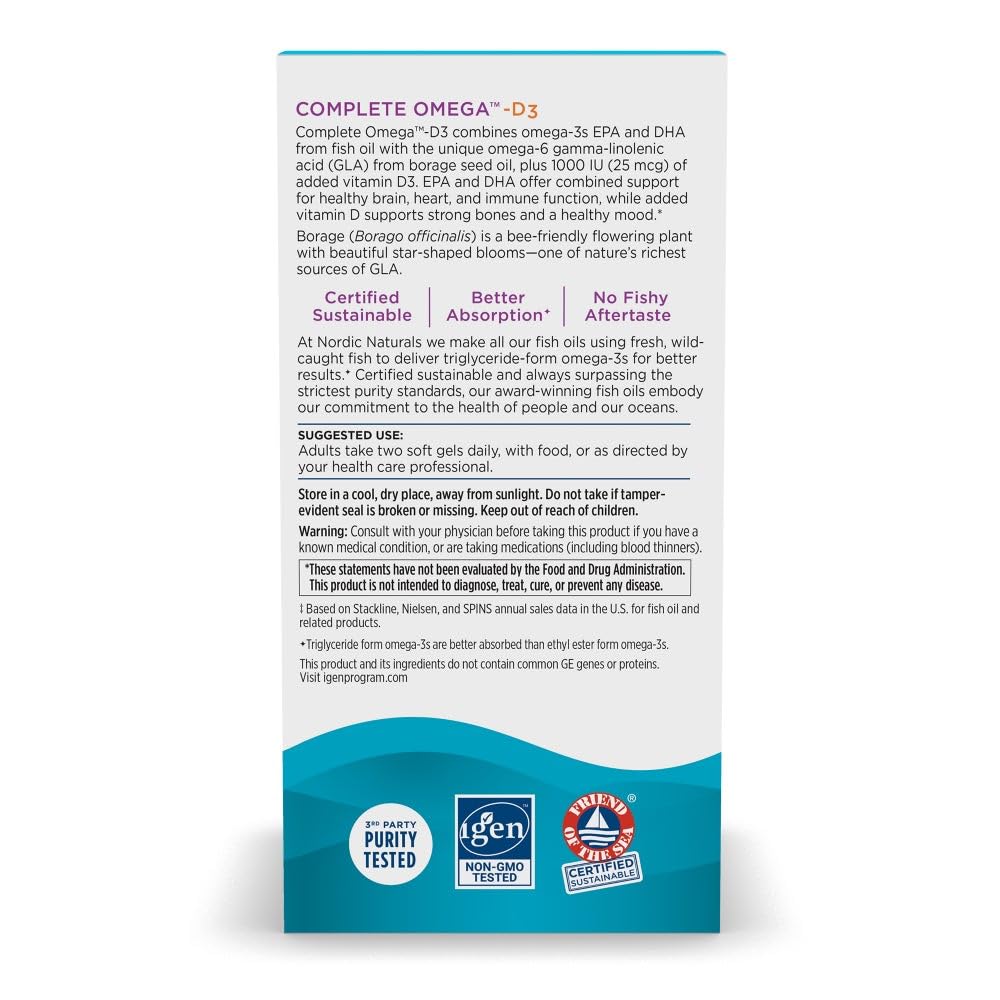 Nordic Naturals Complete Omega-D3, Lemon Flavor - 120 Soft Gels - 565 mg Omega-3 + 70 mg GLA + 1000 IU Vitamin D3 - EPA & DHA - Healthy Skin, Cognition, Positive Mood - Non-GMO - 60 Servings Nordic NaturalsBuy Supplements Australia