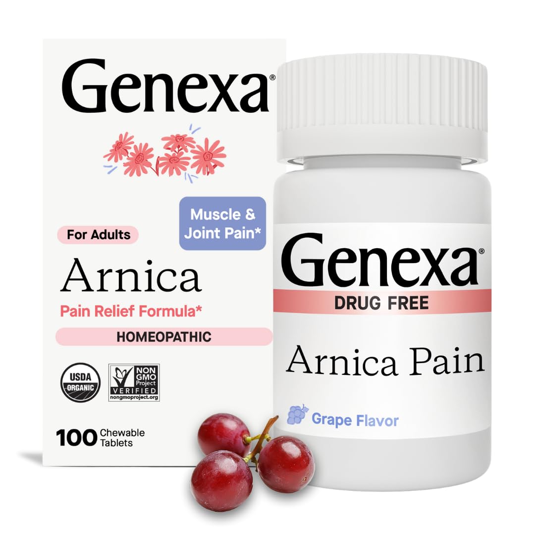 Genexa Arnica for Pain Relief | Alleviate Muscle & Joint Pain, Soreness & Stiffness | Reduces Bruises & Swelling | Organic Grape Flavor | Homeopathic Remedy Made Clean | 100 Chewable Tablets GenexaBuy Supplements Australia