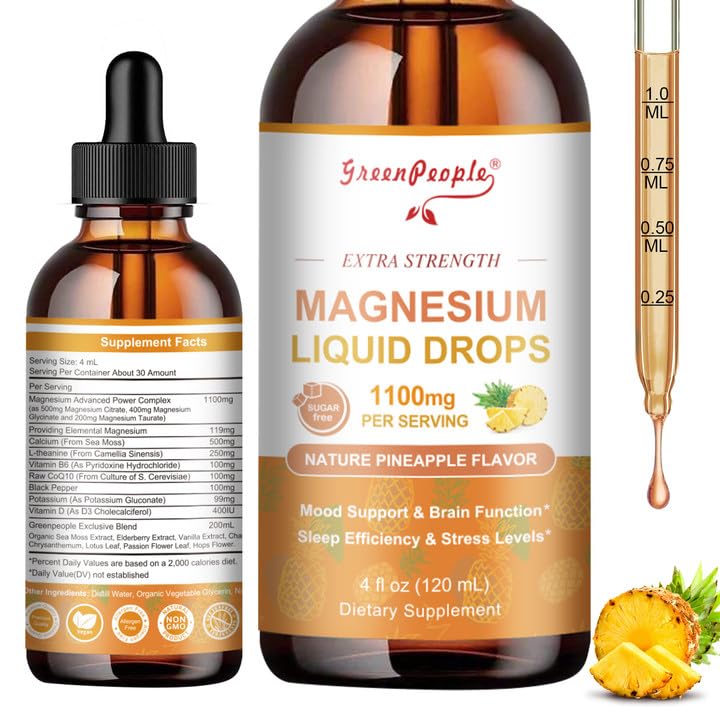 GREENPEOPLE Magnesium Glycinate Liquid Drop - 17-in-1 4Fl. Oz Triple Magnesium Complex Supplement with Glycinate 400mg & Citrate 500mg Taurate/L-Theanine for Calm Mood/Muscle/Sleep,Pineapple Flavor GREENPEOPLEBuy Supplements Australia