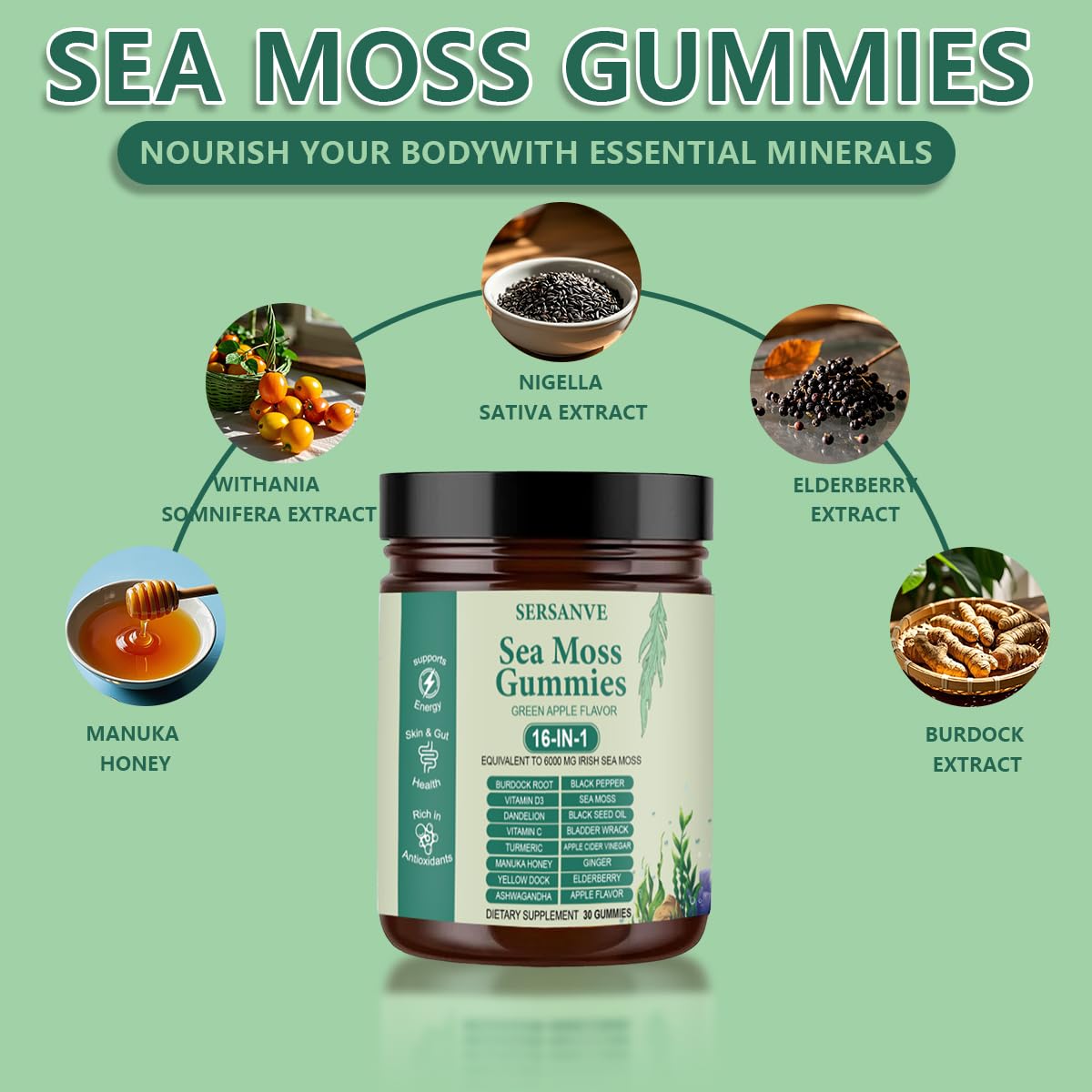 Sea Moss Gummies 16-in-1, with Black Seed Oil, Ashwagandha & Elderberry | Organic Irish Sea Moss Supplement for Men & Women | Daily Support with Manuka, Burdock Root & Vitamins C & D3, 30 Gummies SERSANVEBuy Supplements Australia