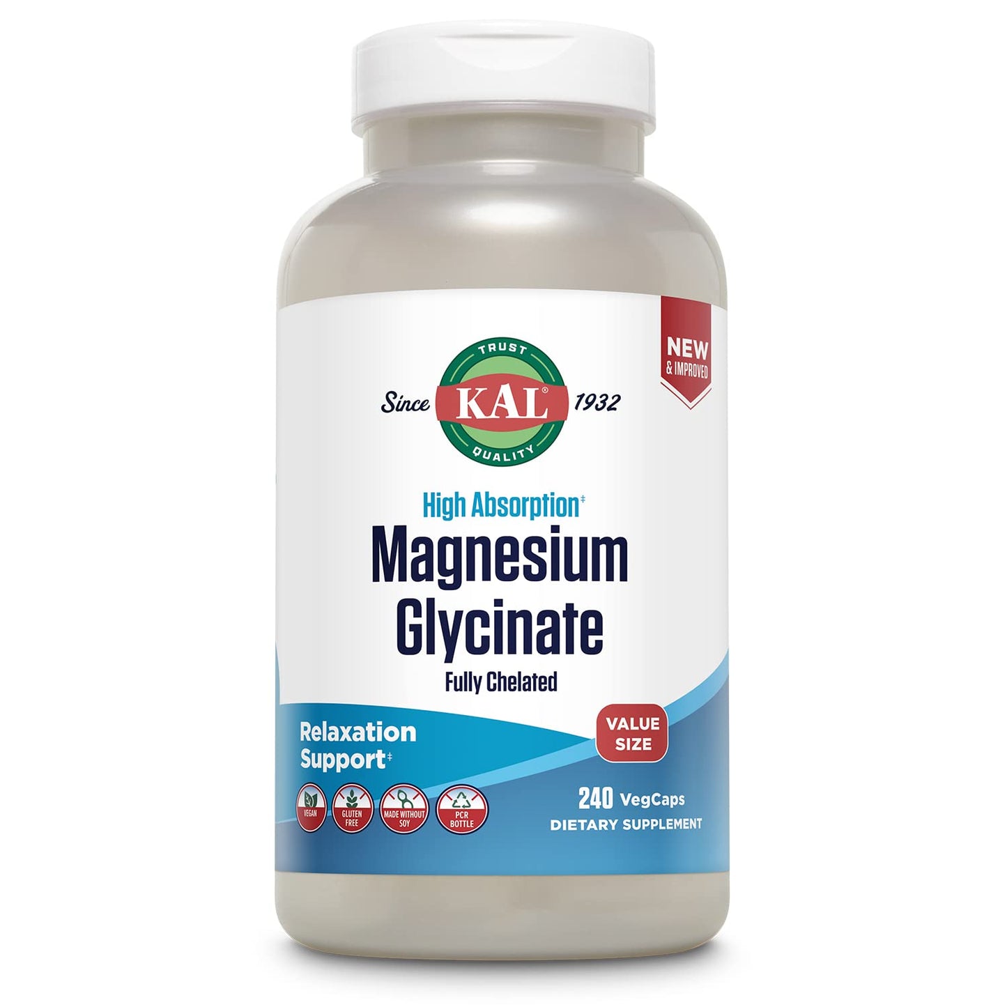 KAL Magnesium Glycinate, New & Improved Fully Chelated High Absorption Formula with BioPerine, Bisglycinate Chelate for Stress, Relaxation