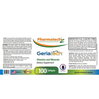 Geriatech Senior multivitamins, Vitamins and Minerals Supplement, Women and Men Over 60, with Vitamin B12, Easy to Swallow Geriatech
