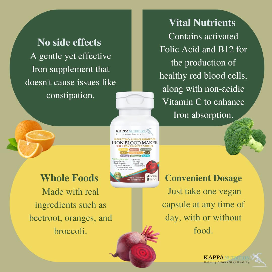 KAPPA NUTRITION Iron 26mg, Vitamin C & Orange 150mg, Folate 667mcg DFE, Vitamin B12, Beetroot, Brewers Yeast, Broccoli & MCT Oil 9 in 1 Advanced Complex (90 Capsules) KAPPA NUTRITIONBuy Supplements Australia