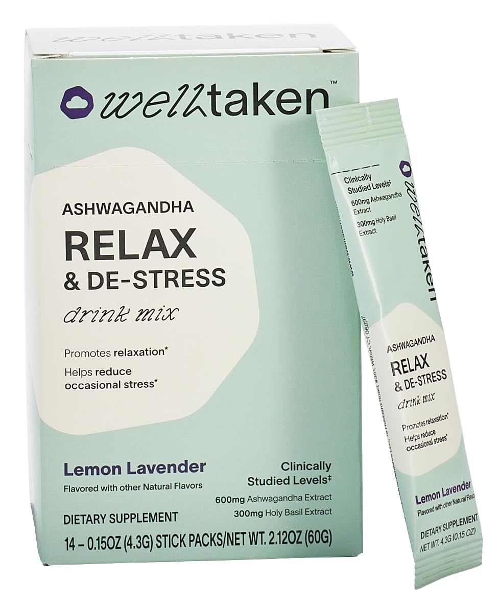 WellTaken Ashwagandha Relax & De-Stress Powder - Lemon Lavender 14ct Box - 600mg Ashwagandha, 200mg L-Theanine, Holy Basil – Supports Stress, Relaxation – Vegan, No Added Sugar - 14 Servings WellTakenBuy Supplements Australia