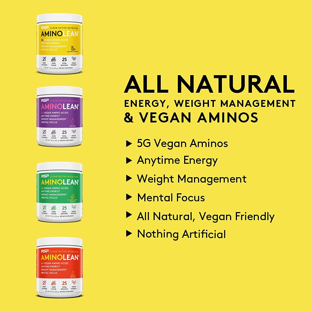 RSP NUTRITION Vegan AminoLean Pre Workout Energy (Acai 25 Servings) with AminoLean Recovery Post Workout Boost (Blood Orange 30 Servings)