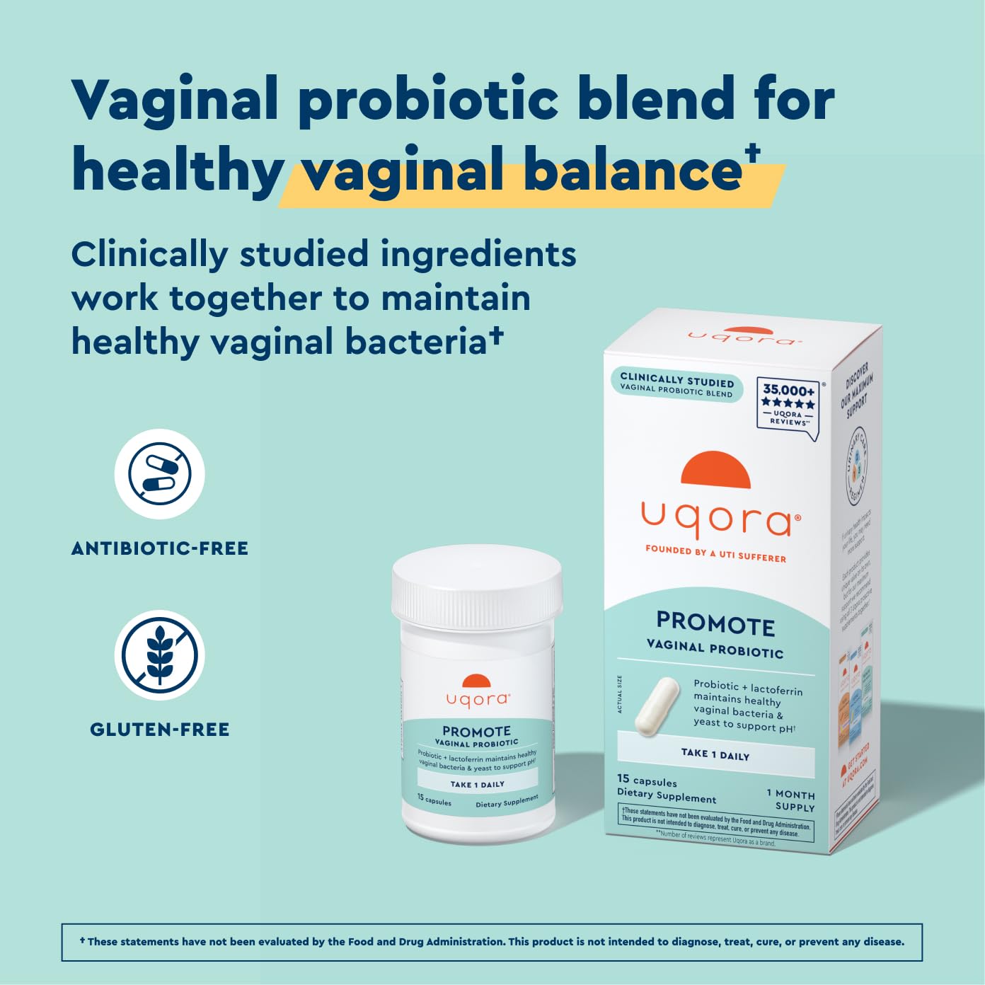Uqora Promote - Support Vaginal Health* - Probiotic for Women with Lactoferrin, Lactobacillus Acidophilus & Lacticaseibacillus Rhamnosus - Vaginal Probiotics - Gluten-Free - 15 Capsules UqoraBuy Supplements Australia