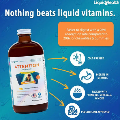 LIQUIDHEALTH Attention, Liquid Multivitamin for Kids & Teens - Improves Memory Retention, Concentration, Focus, Mood, Relaxation & Calming LIQUIDHEALTH