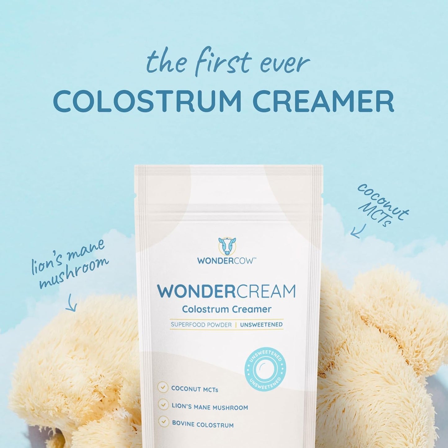 WONDERCOW Bovine Colostrum Superfood Creamer Supplement Powder w/Organic Lions Mane Mushroom & Coconut Milk Powder MCTs | Functional Sugar Free Keto Coffee, Smoothie & Drink Mix Unsweetened WONDERCOWBuy Supplements Australia