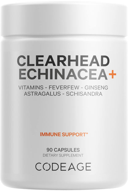Codeage Clearhead Echinacea+ Supplement - Echinacea, Schisandra, Feverfew, Coptis, American Ginseng, Astragalus, Garlic, Probiotics, Vitamins C & D3, Zinc, Selenium - Clear Head Vitamin - 90 Capsules CodeageBuy Supplements Australia