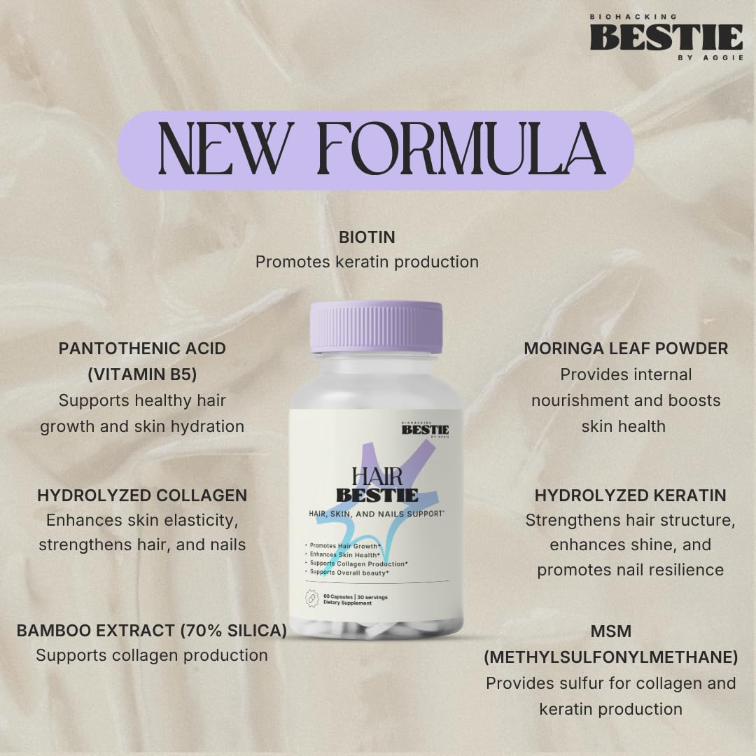 Biohacking Bestie Hair Bestie for Women & Men - Hair Growth Supplement with Biotin, Collagen, Vitamin B5, & Keratin, Support for Skin Health & Nails - 60 Capsules Biohacking BestieBuy Supplements Australia