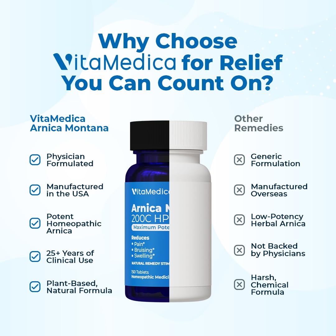 VitaMedica Arnica Montana 200C Rapid Dissolve Tablets for Natural Pain, Bruising, and Swelling Support - High Potency Homeopathic Medicine for Injury and Surgery Recovery - 150 Ct - 50 Servings VitaMedicaBuy Supplements Australia